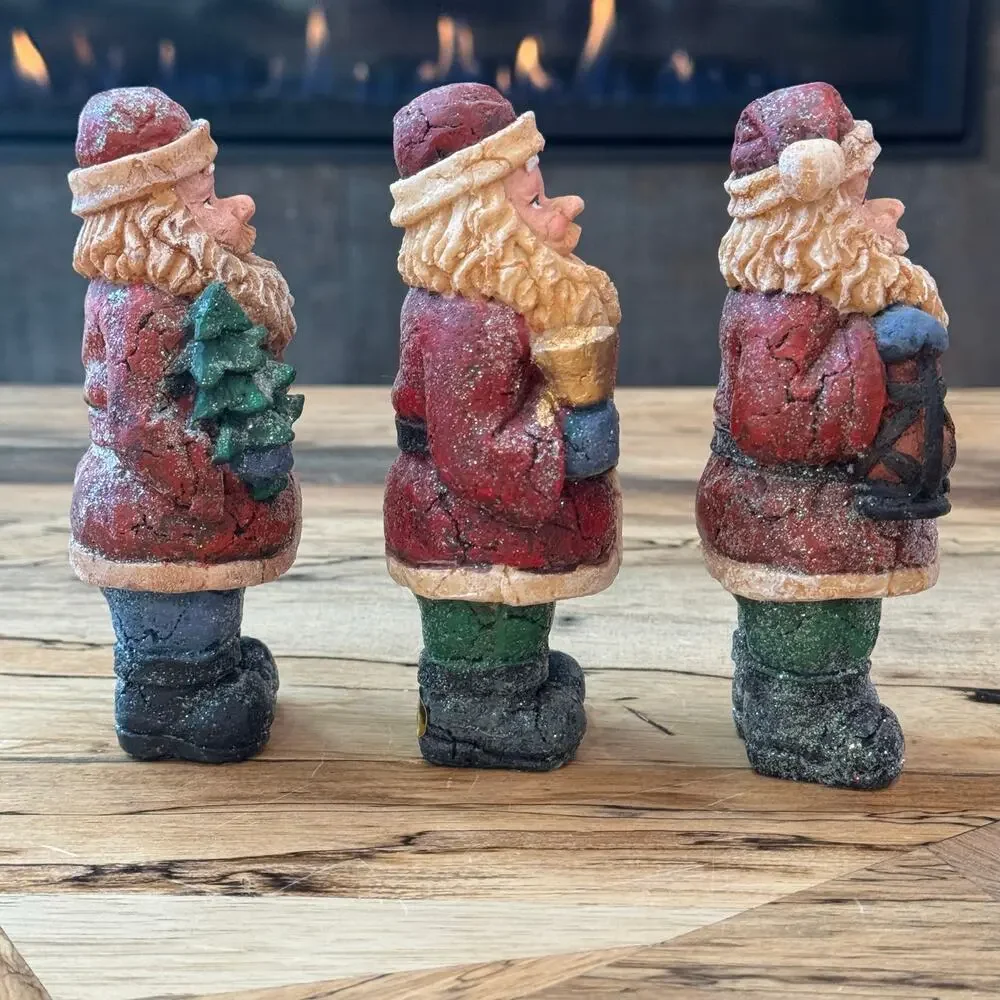 Vintage Style Old World Santa Claus Figurines Set of 3 Rustic Carved Wood Look